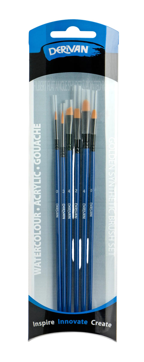Packaged set of Derivan watercolor and acrylic brushes with blue and black design.